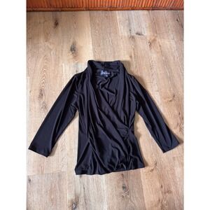 Lesley Evers Black Wrap Front Surplice Top Sleeve Ruched Size L